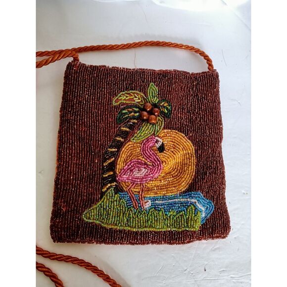 Beaded Flamingo Palm Tree Crossbody Bag purse - Picture 6 of 11